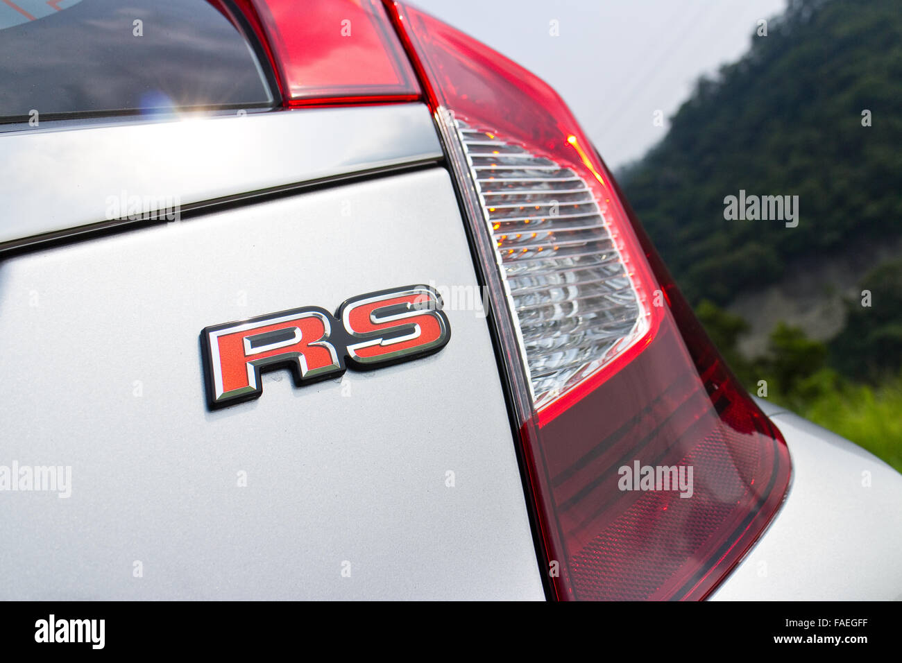 Hong Kong, China 23. Juni 2014: Honda Jazz Fit 2014 RS Logo Probefahrt am 23. Juni 2014 in Hong Kong. Stockfoto