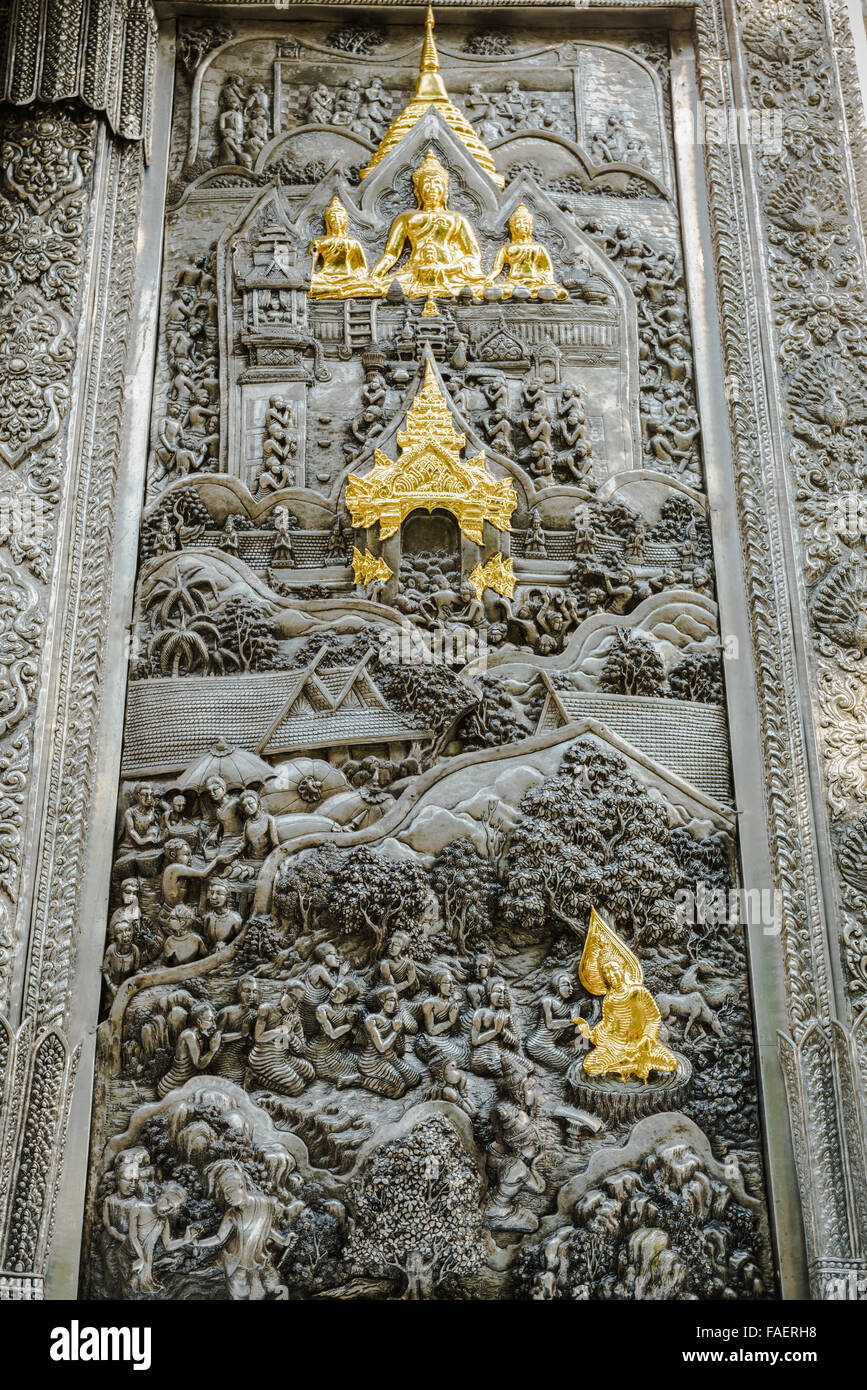 Silber Schnitzerei Dekoration an der Tempelwand Wat Srisupan in Chiangmai, Thailand Stockfoto