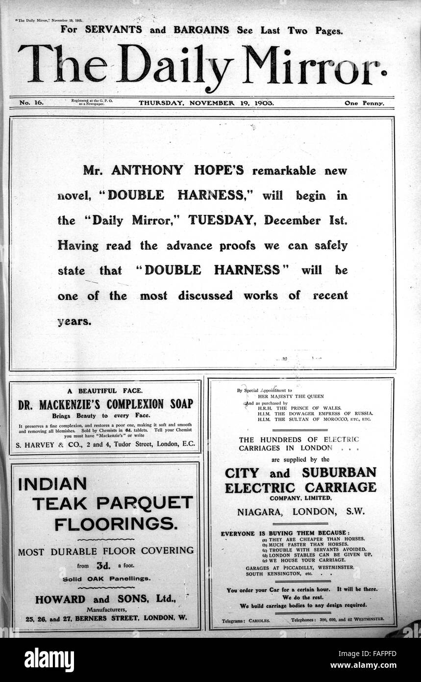 Titelseite Zeitung Anzeige anzeigen in der Daily Mirror veröffentlicht 2. November 1903 Stockfoto