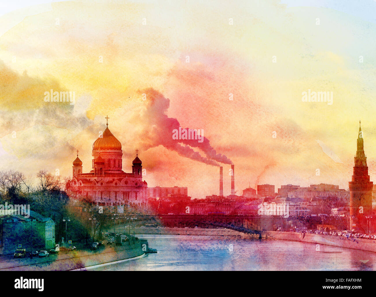 Aquarell Landschaft von der Kathedrale von Christus dem Erlöser in Moskau am Fluss Stockfoto