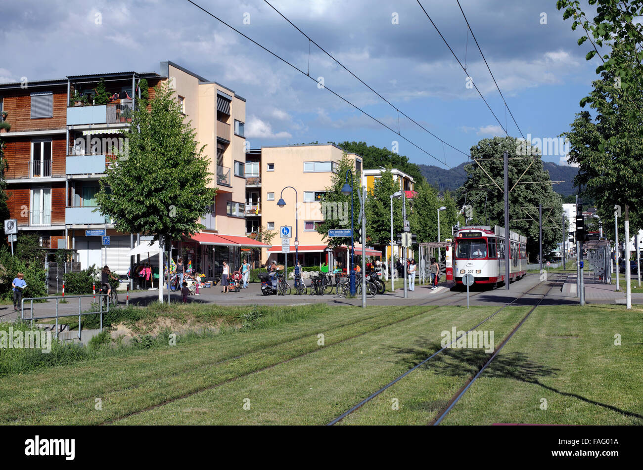 Eine Straßenbahn im Zentrum von Vauban, einem nachhaltigen Vorort von Freiburg Im Breisgau, Deutschland. Stockfoto