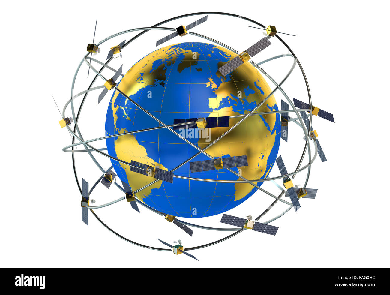 Weltraumsatelliten in exzentrischen Umlaufbahnen um die Erde Stockfoto