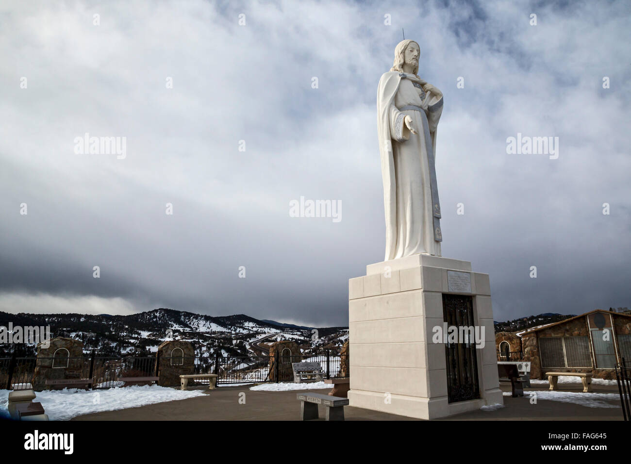 Golden, Colorado - eine Statue von Jesus an die Mutter Cabrini-Schrein auf Lookout Mountain über Denver. Stockfoto