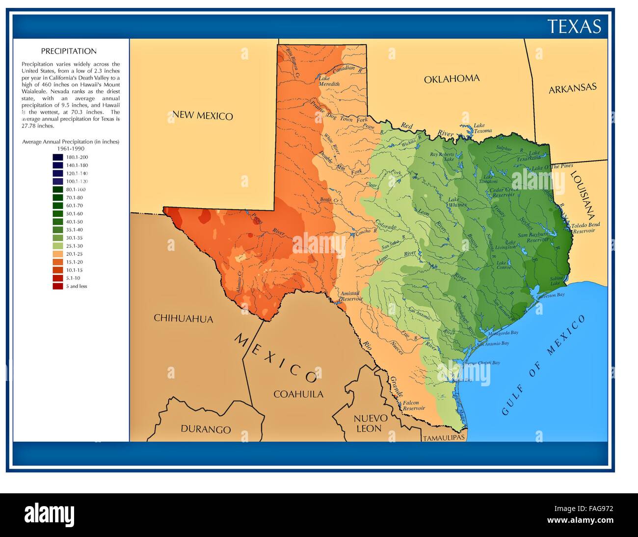 Texas USA Wasser Niederschlag Statistiken Karte vom Staat mit Farbkarte