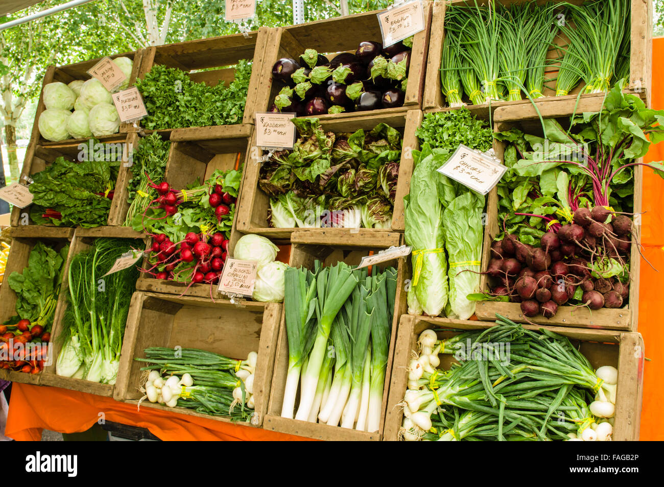 Frisches Obst und Gemüse wie Lauch, Zwiebeln und Rüben angezeigt in Holzkisten auf einem Bauernmarkt in Beaverton, Oregon, USA Stockfoto