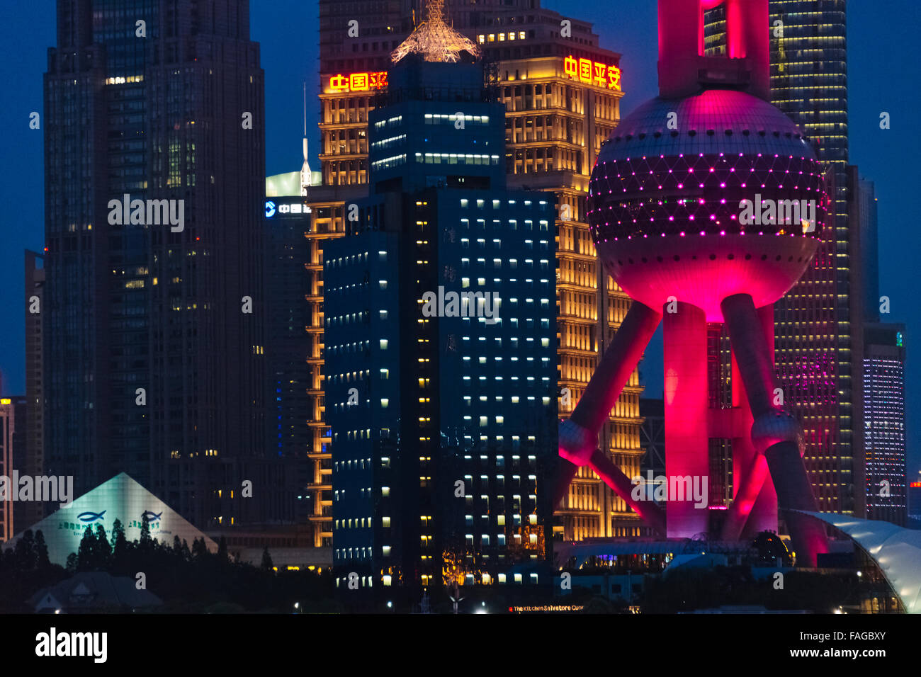 Nachtansicht der Skyline von Pudong dominiert Oriental Pearl TV Tower, Shanghai, China Stockfoto