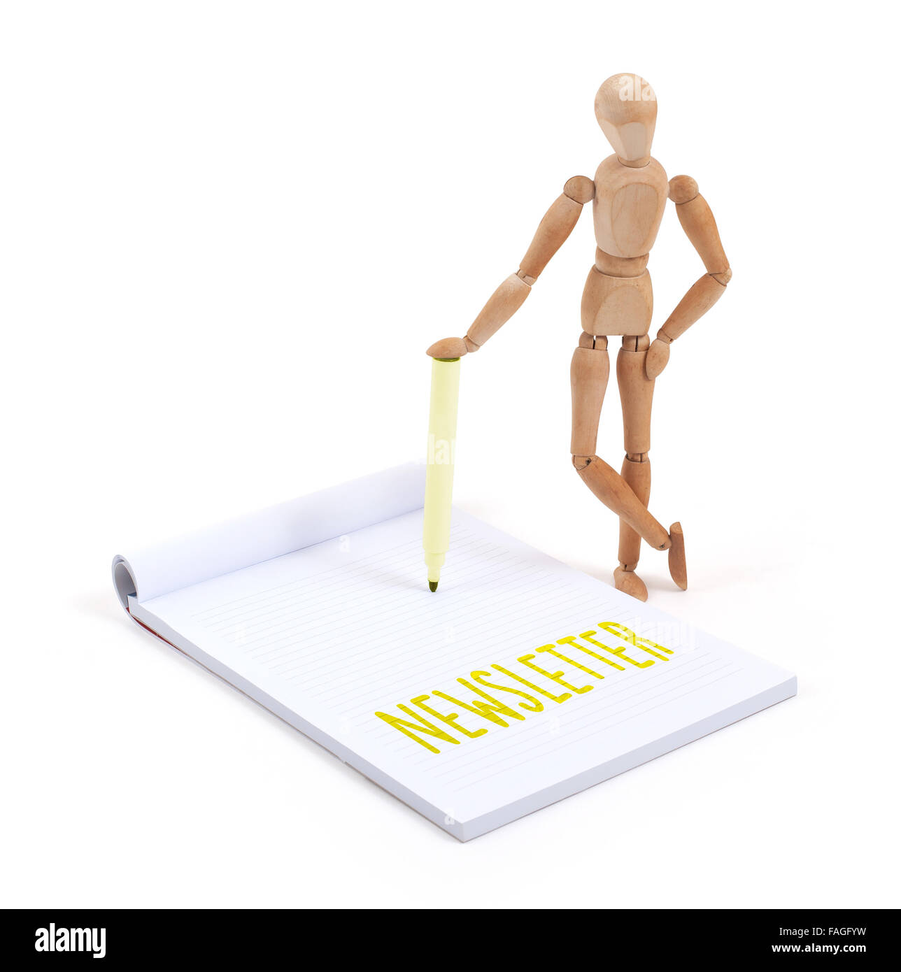 Hölzerne Puppe in einem Scrapbook - Newsletter schreiben Stockfoto