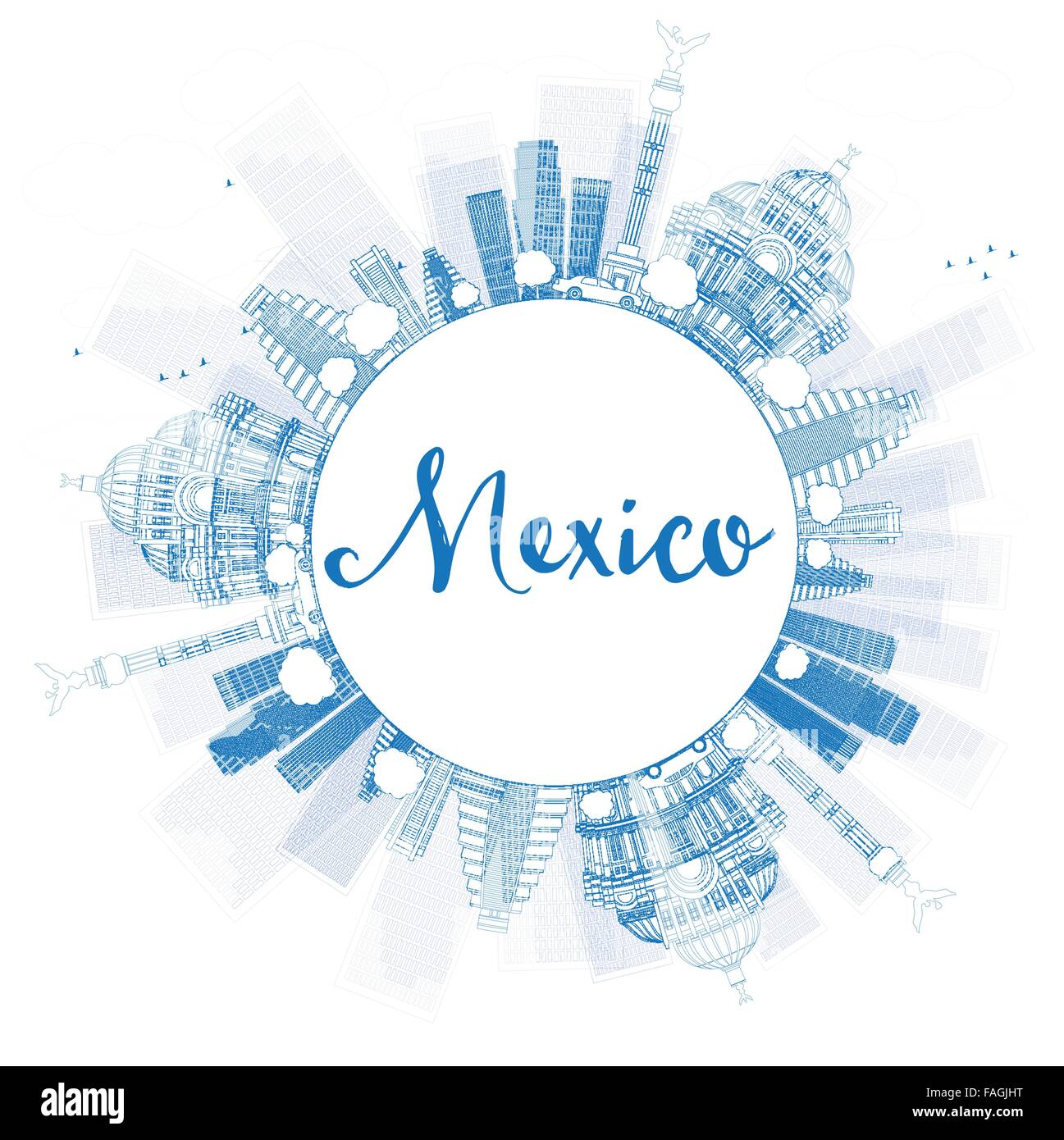 Umriss Mexiko mit blauen Wahrzeichen und textfreiraum Skyline. Vektor-Illustration. Business-Reisen und Tourismus-Konzept Stock Vektor