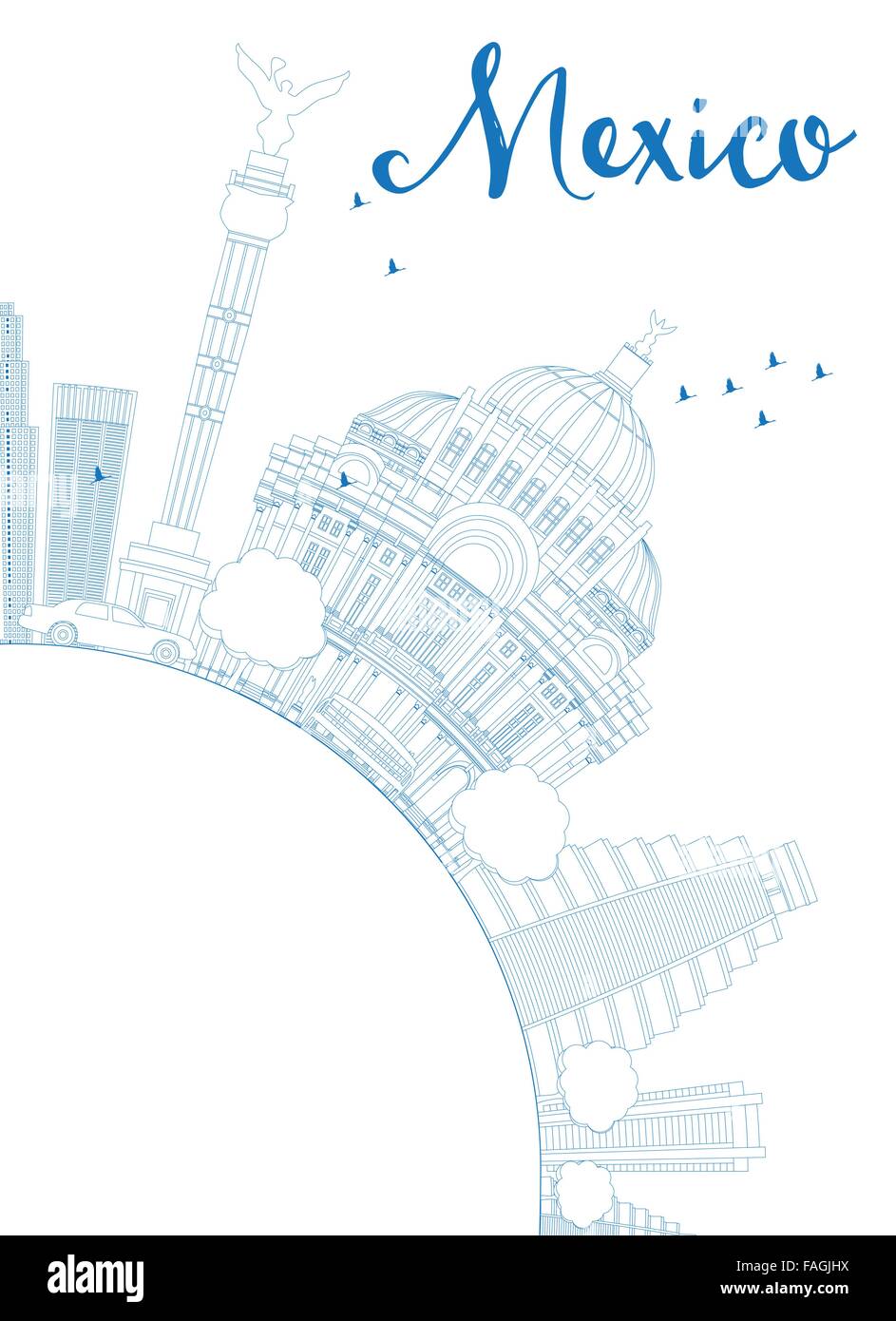 Umriss Mexiko mit blauen Wahrzeichen und textfreiraum Skyline. Vektor-Illustration. Business-Reisen und Tourismus-Konzept Stock Vektor