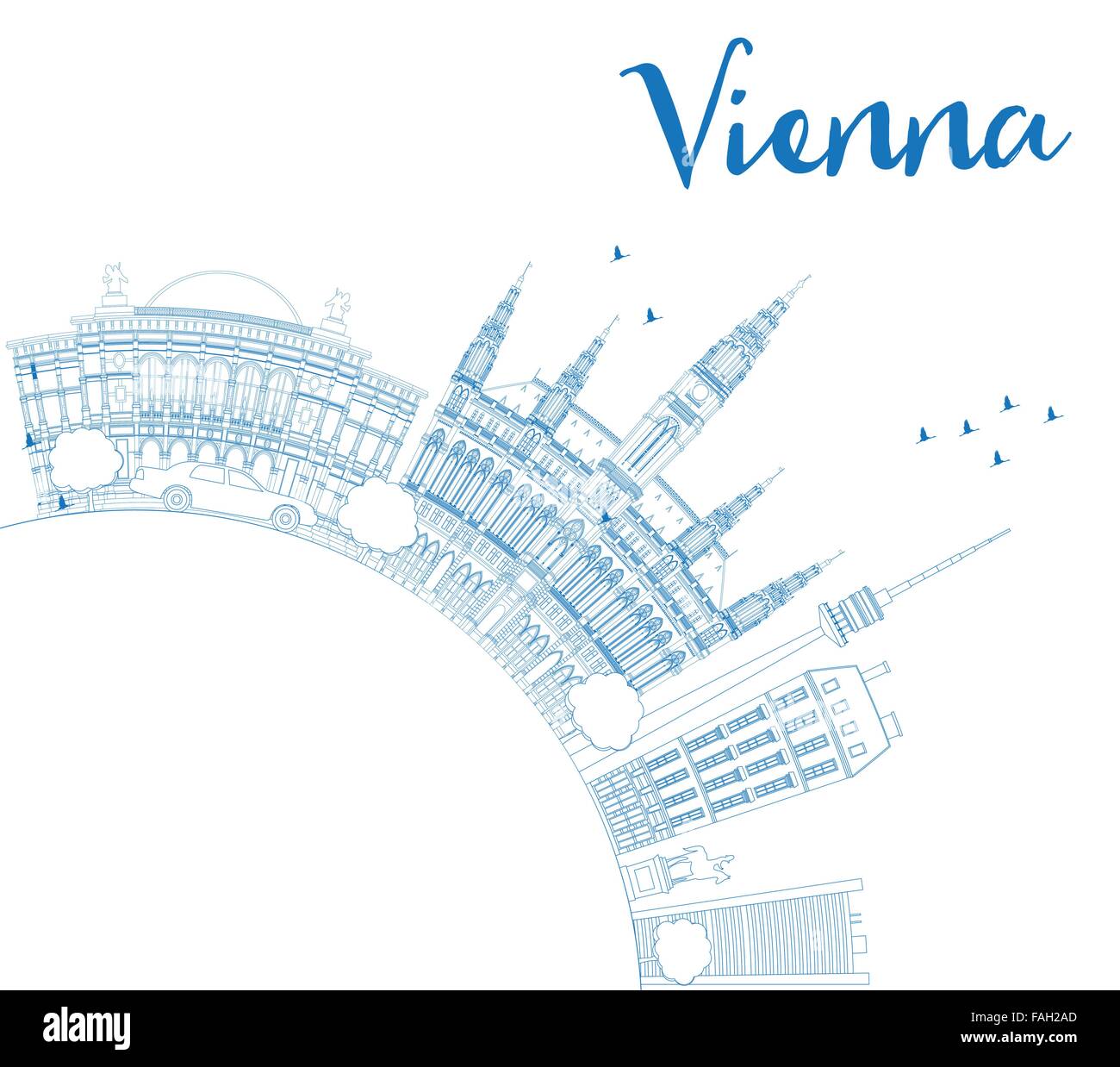 Umriss Vienna mit blauen Gebäude textfreiraum Skyline. Vektor-Illustration. Geschäftsreisen und Tourismus-Konzept Stock Vektor