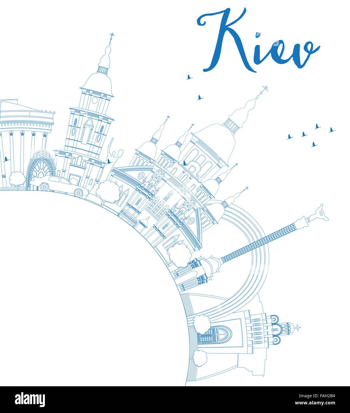 Umriss Kiew Skyline mit blauen Wahrzeichen und Textfreiraum. Vektor-Illustration. Business-Reisen und Tourismus-Konzept Stock Vektor