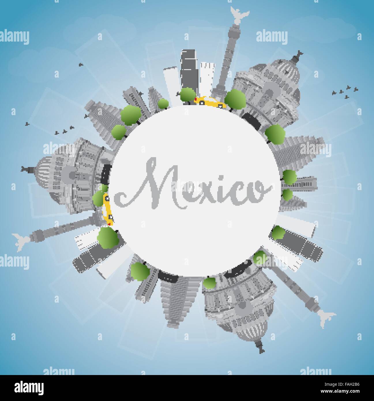 Mexiko-Skyline mit grauen Wahrzeichen und blauer Himmel. Vektor-Illustration. Business-Reisen und Tourismus-Konzept Stock Vektor