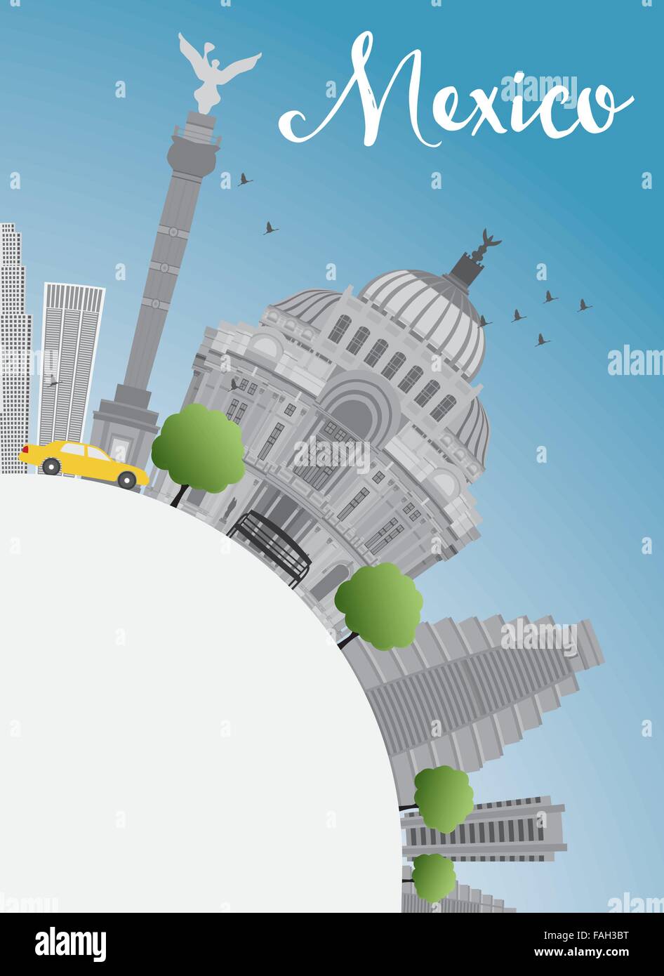 Mexiko-Skyline mit grauen Wahrzeichen und blauer Himmel. Vektor-Illustration. Business-Reisen und Tourismus-Konzept Stock Vektor