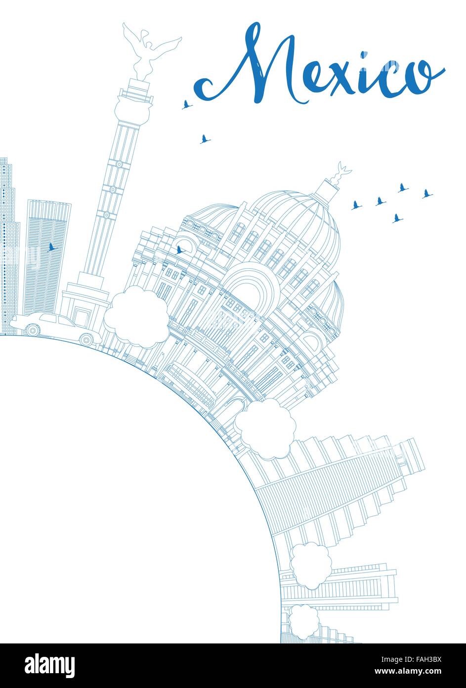 Umriss Mexiko mit blauen Wahrzeichen und textfreiraum Skyline. Vektor-Illustration. Business-Reisen und Tourismus-Konzept Stock Vektor