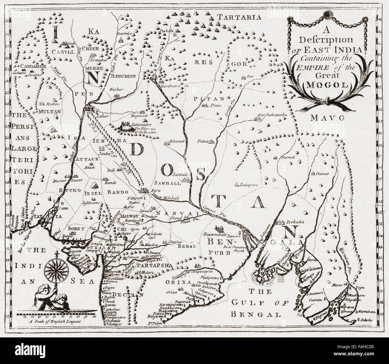 Diese Karte zeigt die Gebiete im Osten Indien Nur-Ud-Din Mohammad Salim, bekannt durch seine kaiserlichen Namen Jahangir, 1569 –1627.  Vierte Moghul-Kaiser. Nach der Gravur von Edward Terry Reise nach Ost-Indien, 1655. Stockfoto