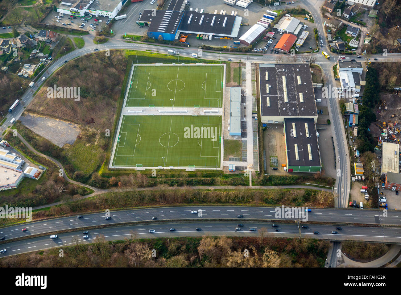 Luftaufnahme, Sportplätze, Fußball Trainingsplätze, künstlichen Rasen Sportanlage Hardenbergstraße Heißen, Mülheim an der Ruhr Stockfoto