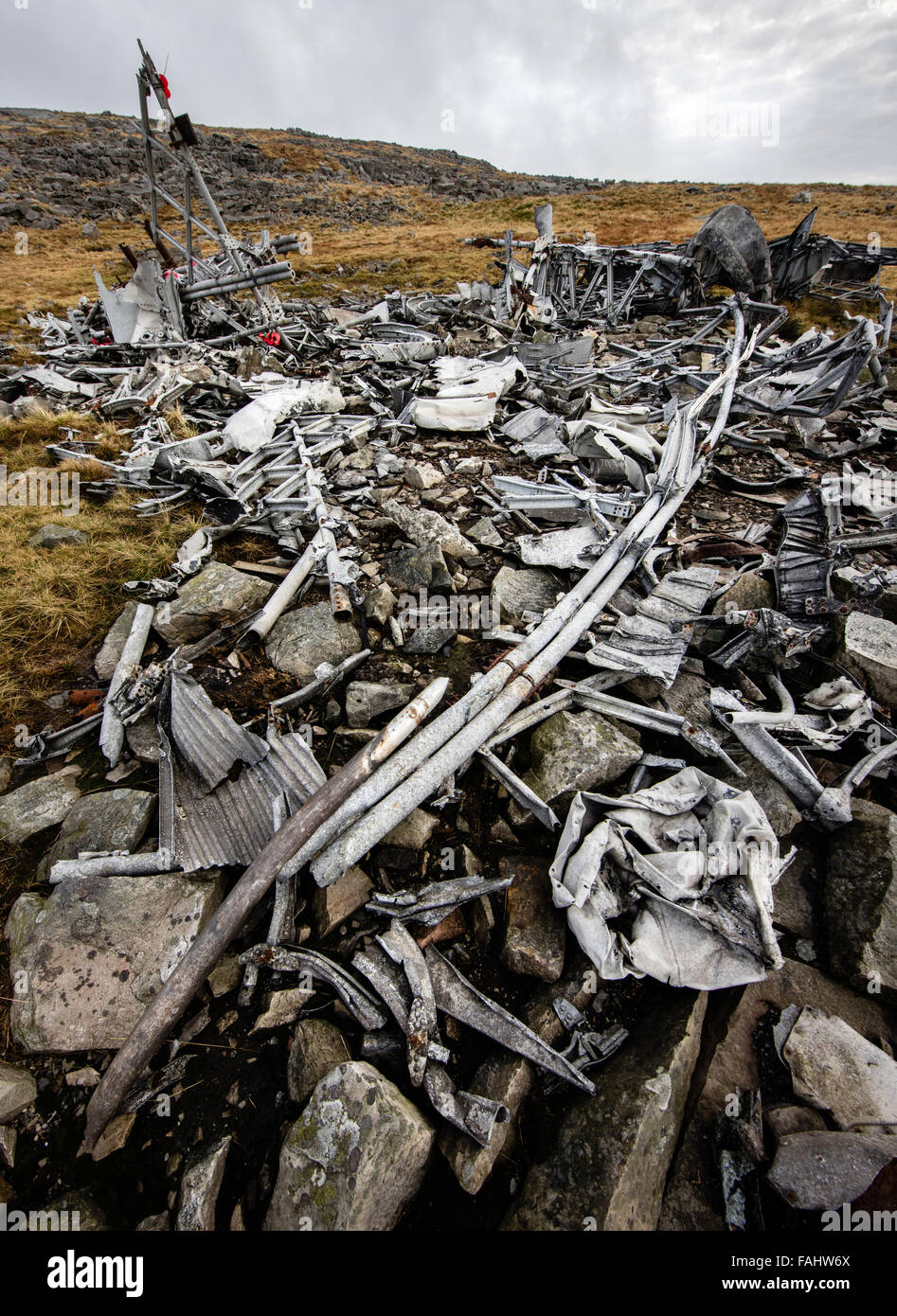 Wrack der kanadischen Luftwaffe WWII Absturz des Wellington-Bomber-MF509 am Carreg Coch in Brecon Beacons South Wales Großbritannien Stockfoto