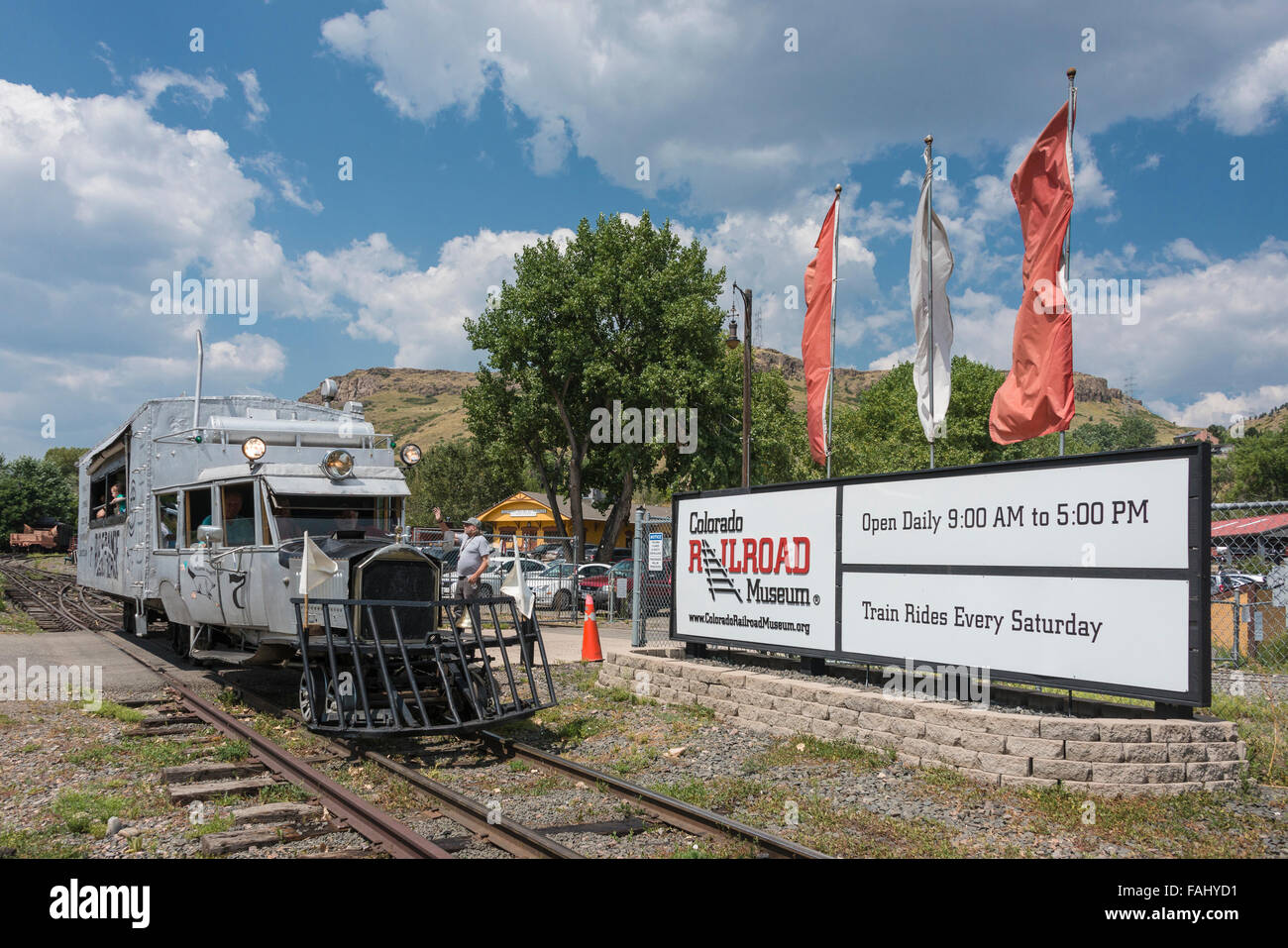 Galoppieren Gans #7, am Eingang des Colorado Railroad Museum, Golden, Colorado. Stockfoto