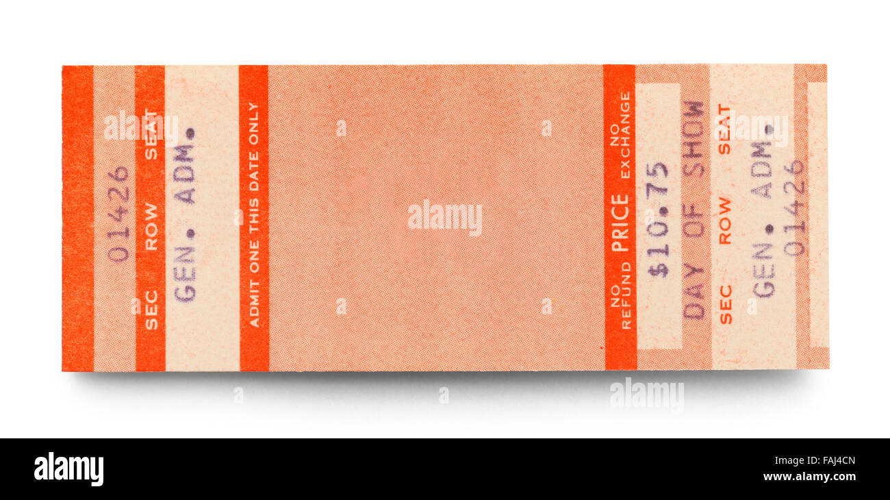 Leere Konzertkarte mit textfreiraum isoliert auf einem weißen Hintergrund. Stockfoto