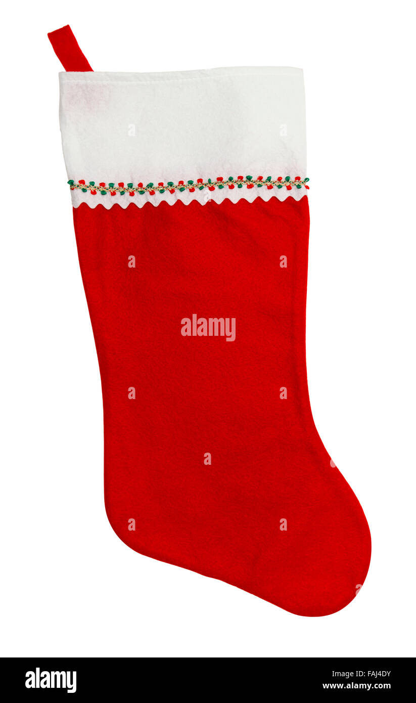 Roter Weihnachts-Strumpf mit textfreiraum isoliert auf einem weißen Hintergrund. Stockfoto
