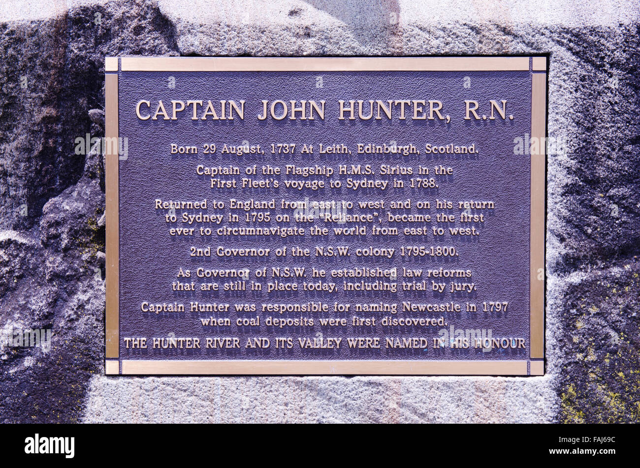 Kapitän John Hunter Commemorative Plaque im Hunter Valley Stadt von Scone Australia Stockfoto