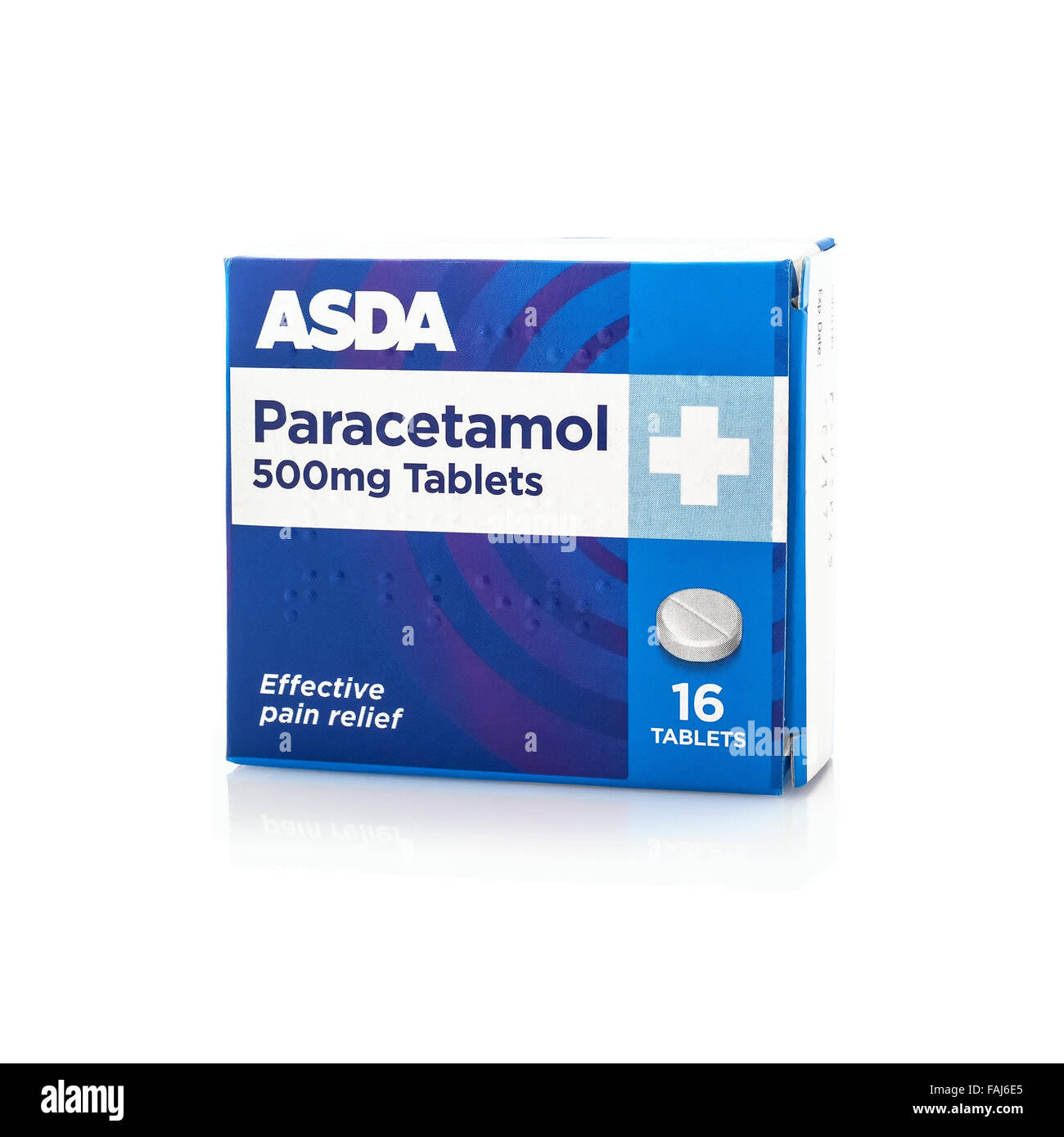 ASDA Schachtel mit 500mg Paracetamol-Tabletten auf weißem Hintergrund Stockfoto