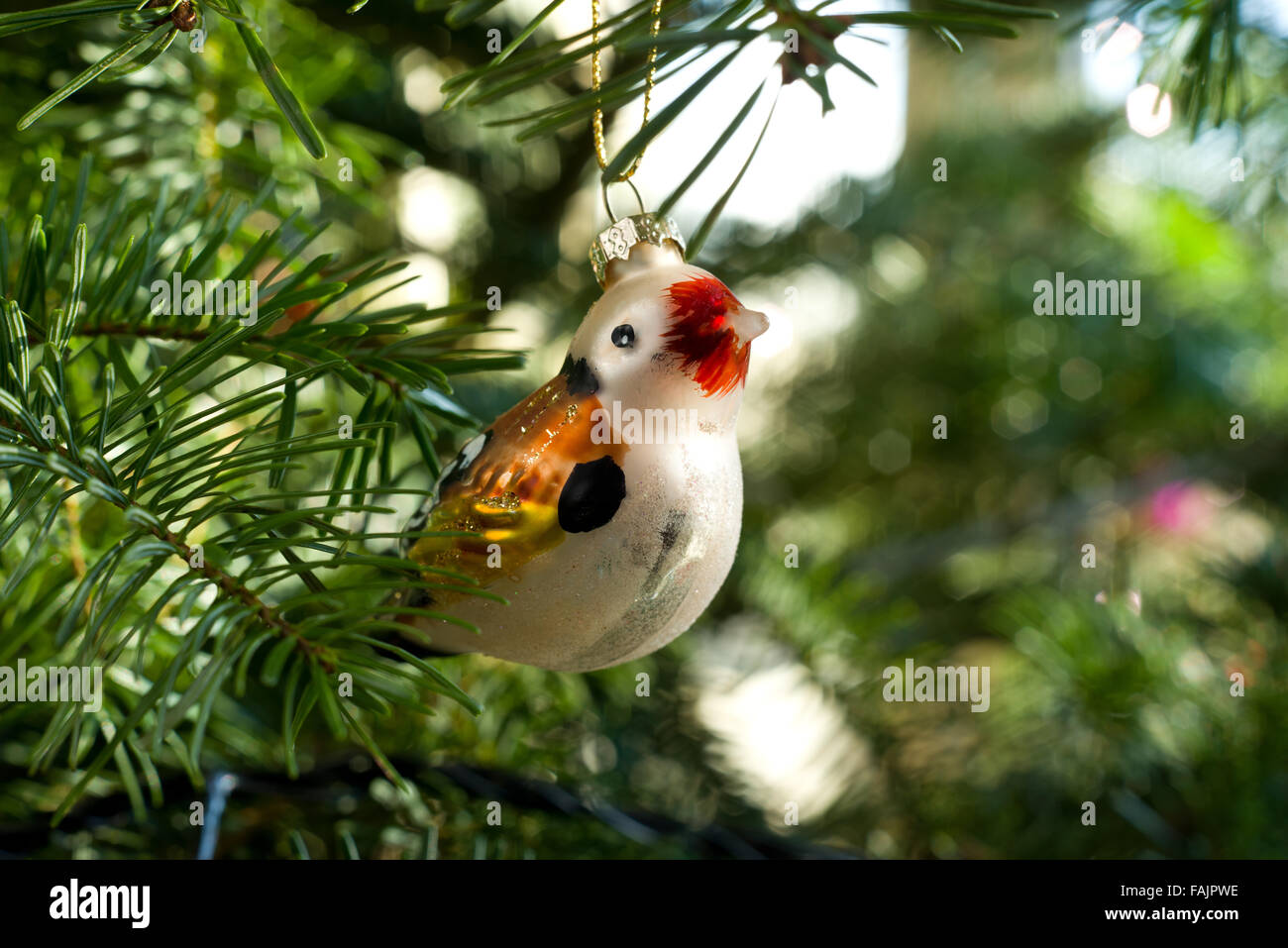 Weihnachtsschmuck. Vogel in einen Weihnachtsbaum. Stockfoto