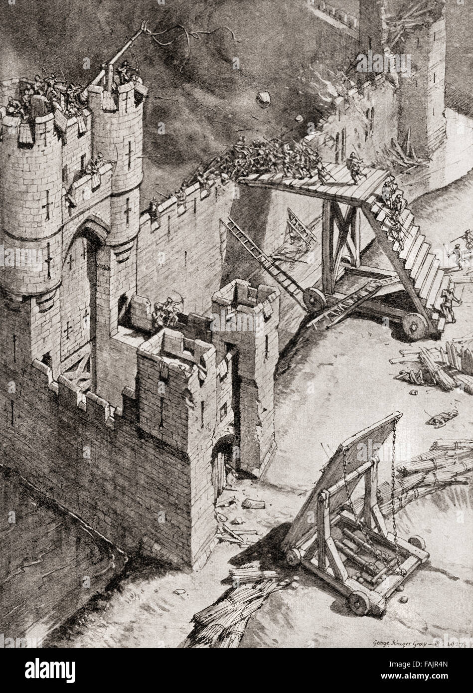 Die Belagerung einer Burg im 14. Jahrhundert.  Ein Waffenlosen Kampf auf einer Skalierung Leiter gegen den Zinnen geworfen, während die Garnison Steinen aus einem Katapult schleudern. Stockfoto