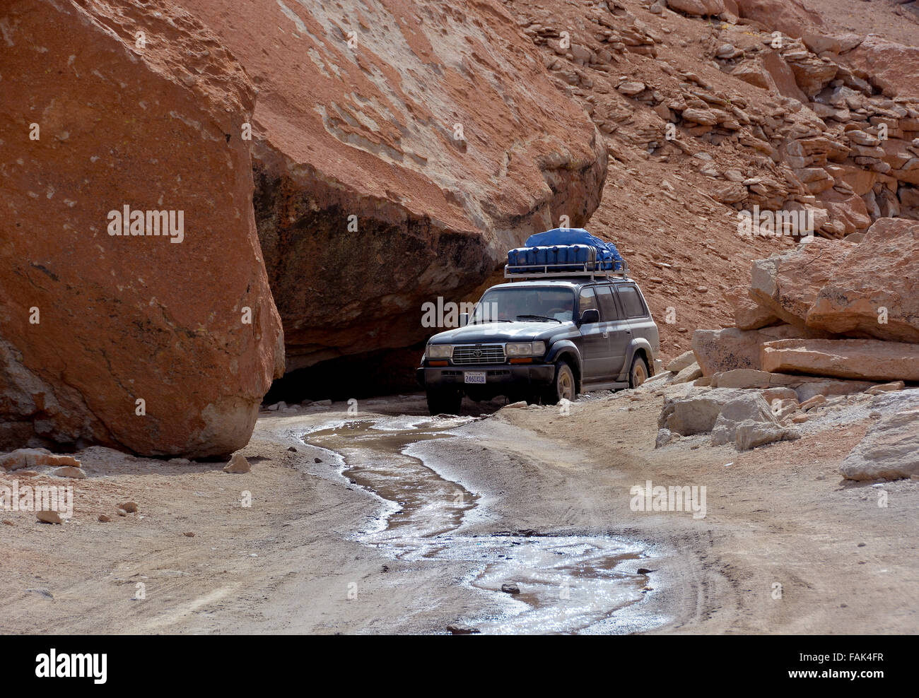 Suv-Fahrzeug auf einer unbefestigten Straße in eine felsige Schlucht, Altiplano, Dreiländereck von Bolivien, Chile, Argentinien Stockfoto