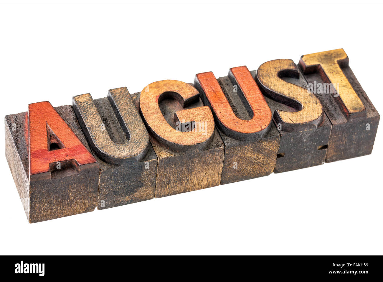 August - isolierte Wort in Vintage Buchdruck Holzart - Banner Kalenderkonzept Stockfoto