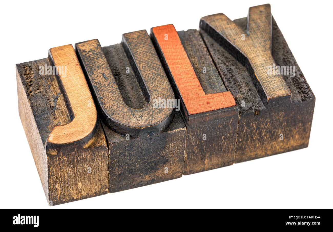 Juli - isolierte Wort in Vintage Buchdruck Holzart - Banner Kalenderkonzept Stockfoto