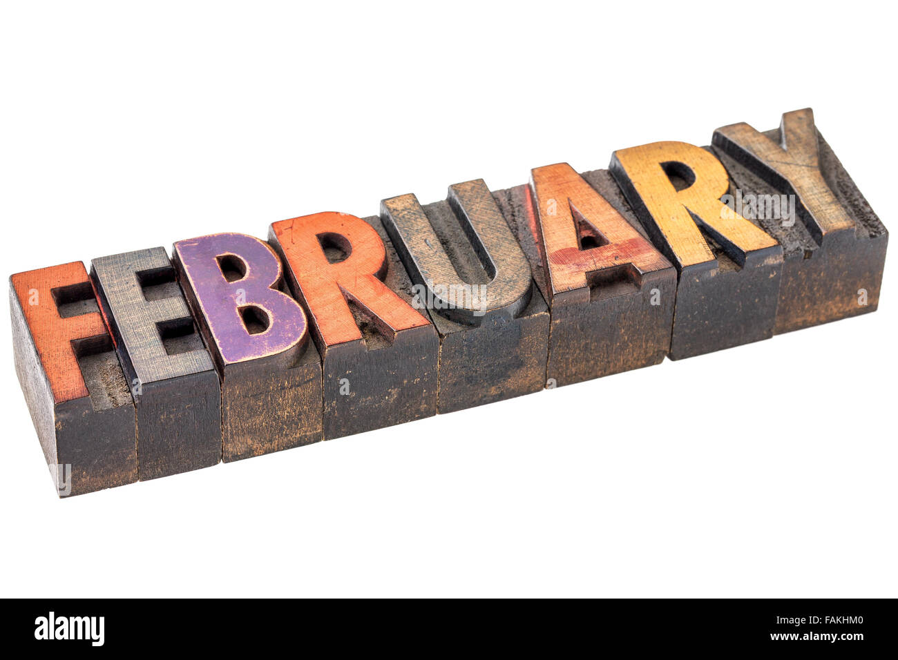 Februar-Banner - isolierte Wort in Vintage Buchdruck Holzart - Kalender-Serie Stockfoto