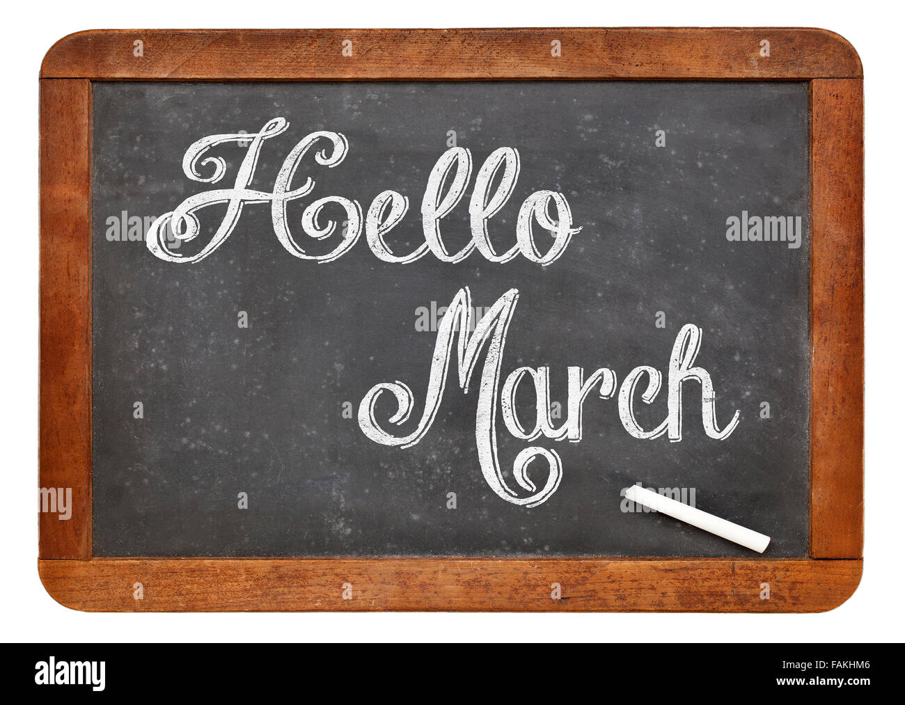 Hallo Kreide März Zeichen - weißen Text auf einem isolierten Vintage Schiefer Tafel Stockfoto