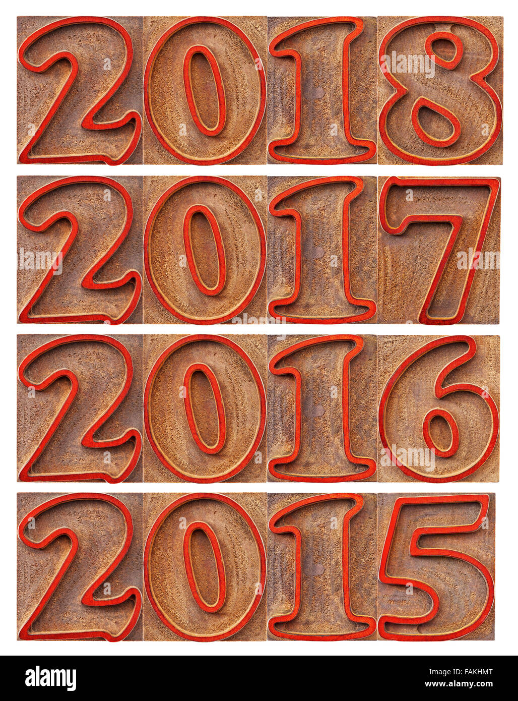Weitergabe und eingehende Jahren (2015, 2016, 2017), 2018) im Buchdruck Holzart Block befleckt durch rote Tinten, isoliert auf weiss Stockfoto