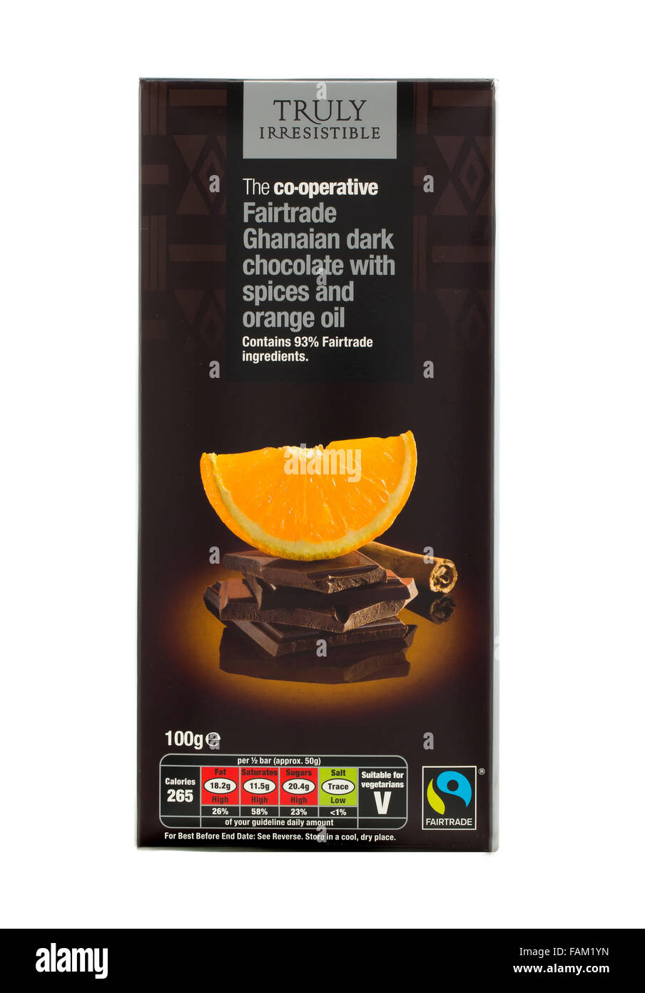 Bar der Kooperative Fairtrade ghanaischen dunkle Schokolade mit Orangenöl und Gewürzen Stockfoto