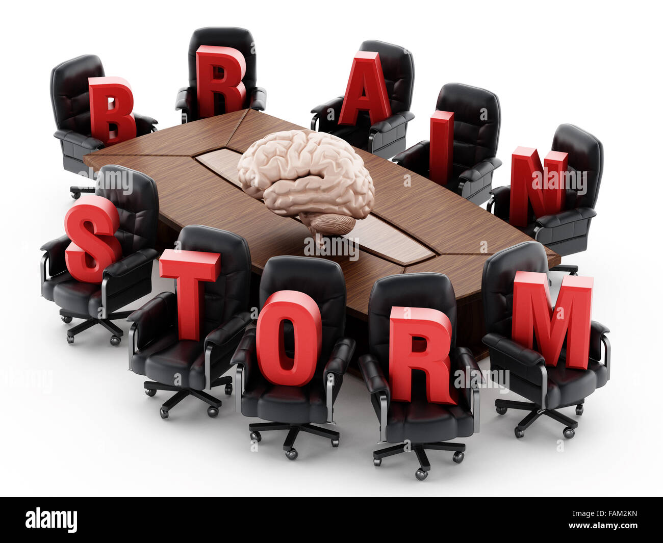 Konferenztisch mit roten Brainstorm Text isoliert auf weißem Hintergrund Stockfoto