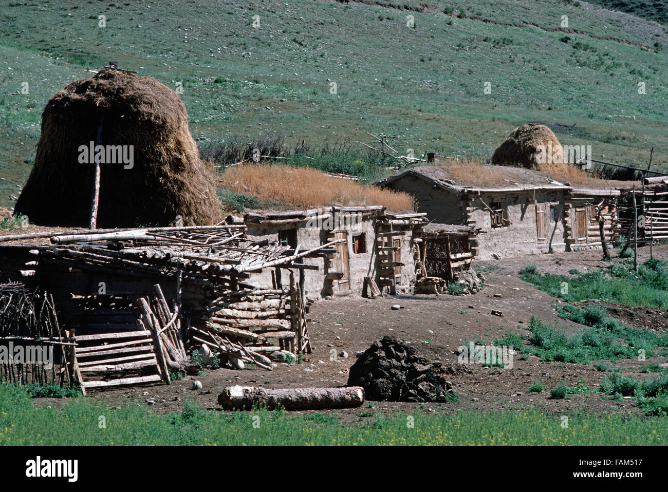 Kasachische Bauernhaus gebaut aus Holz und Lehm in Hügeln nördlich von Urumqi, Xinjiang-Provinz, China Stockfoto