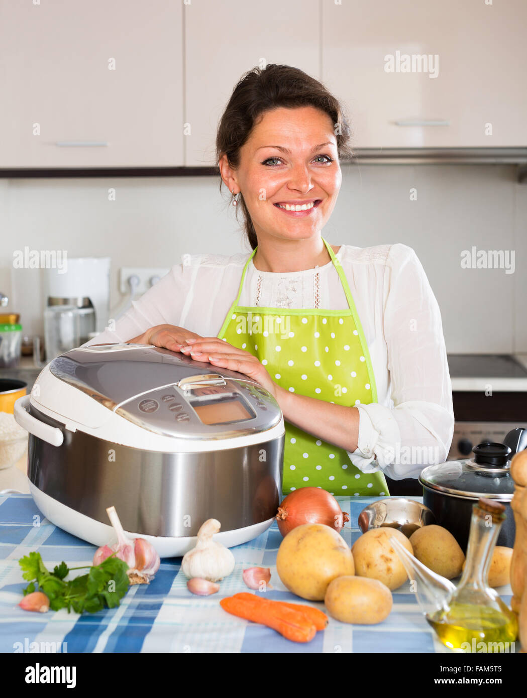 Glückliche Hausfrau mit neuen Slo-Herd zu Hause Stockfoto