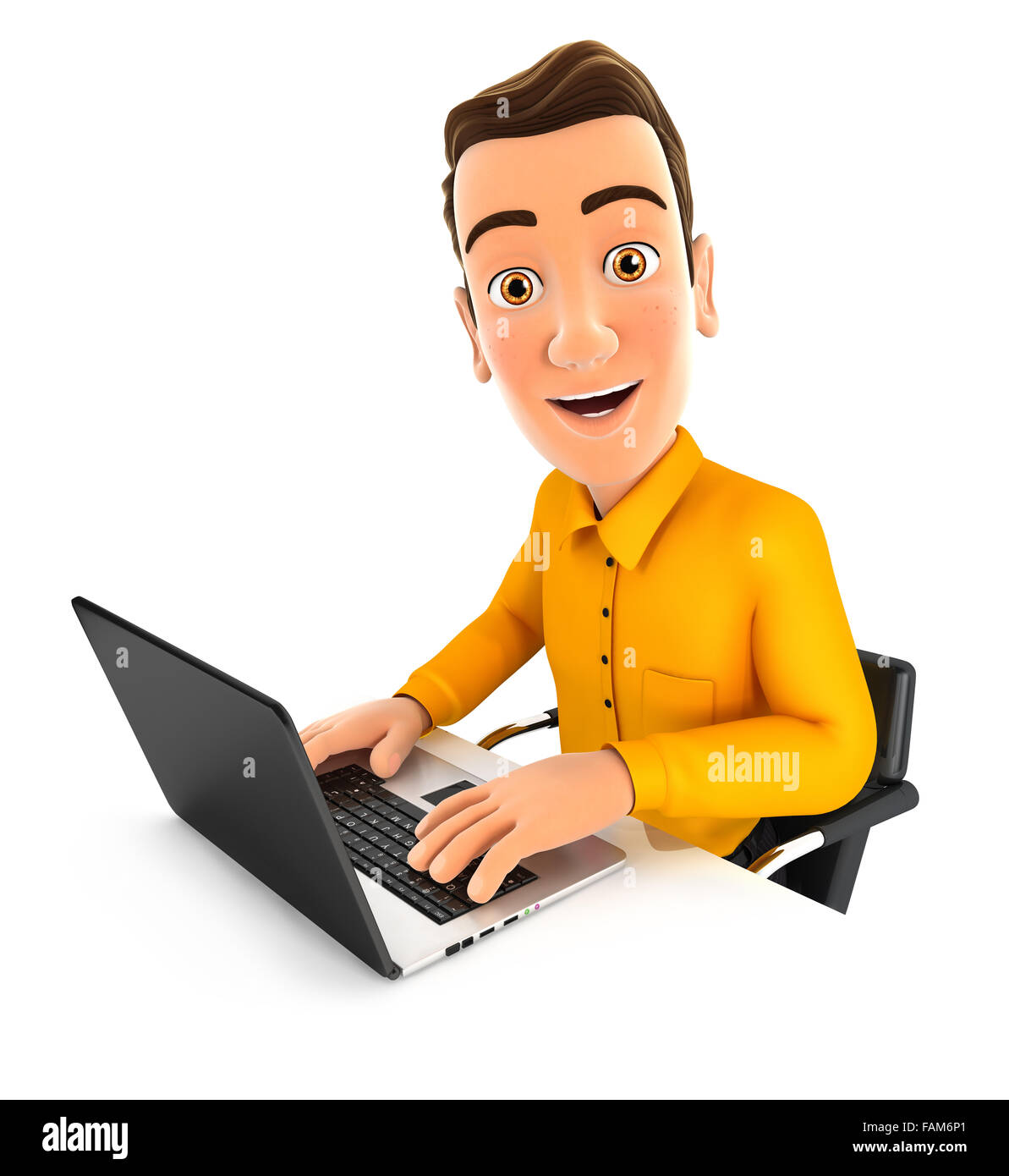 3D Mann arbeitet am Laptop, isolierten weißen Hintergrund Stockfoto