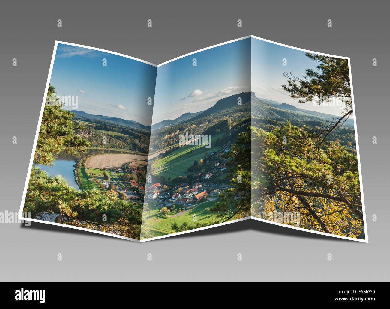 Blick auf Rathen und die Elbe. Im Hintergrund ist die Tabelle Berg Lilienstein. Sächsische Schweiz, Sachsen, Deutschland Stockfoto