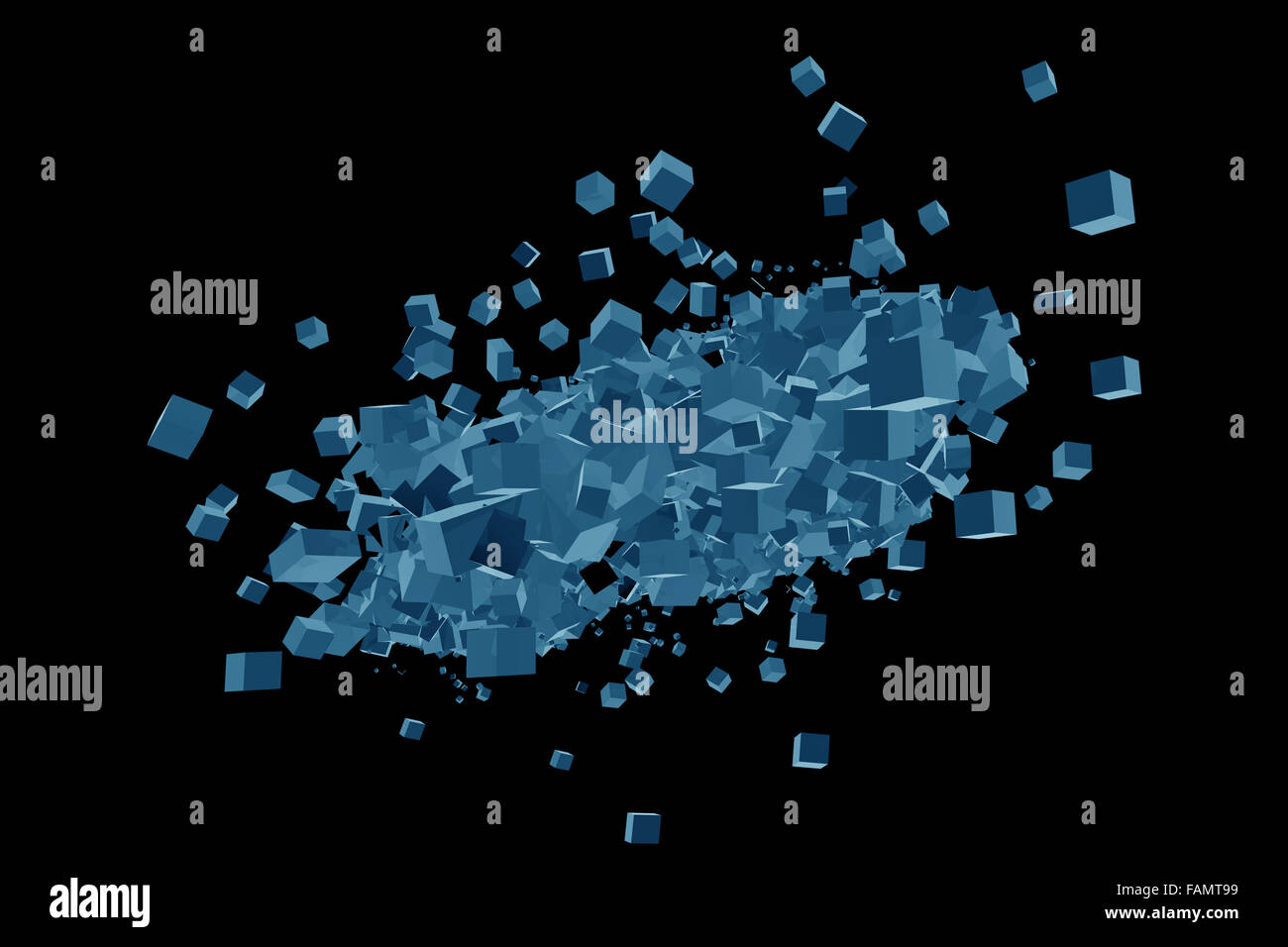 Blaue Würfel Explosion isoliert 3D Illustration. Stockfoto