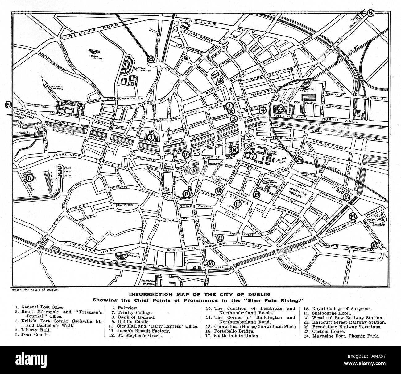 Easter Rising, Aufstand Karte von Dublin, zeitgenössischen Plan zeigt die Hauptpunkte der Prominenz in der republikanischen Aufstand Stockfoto