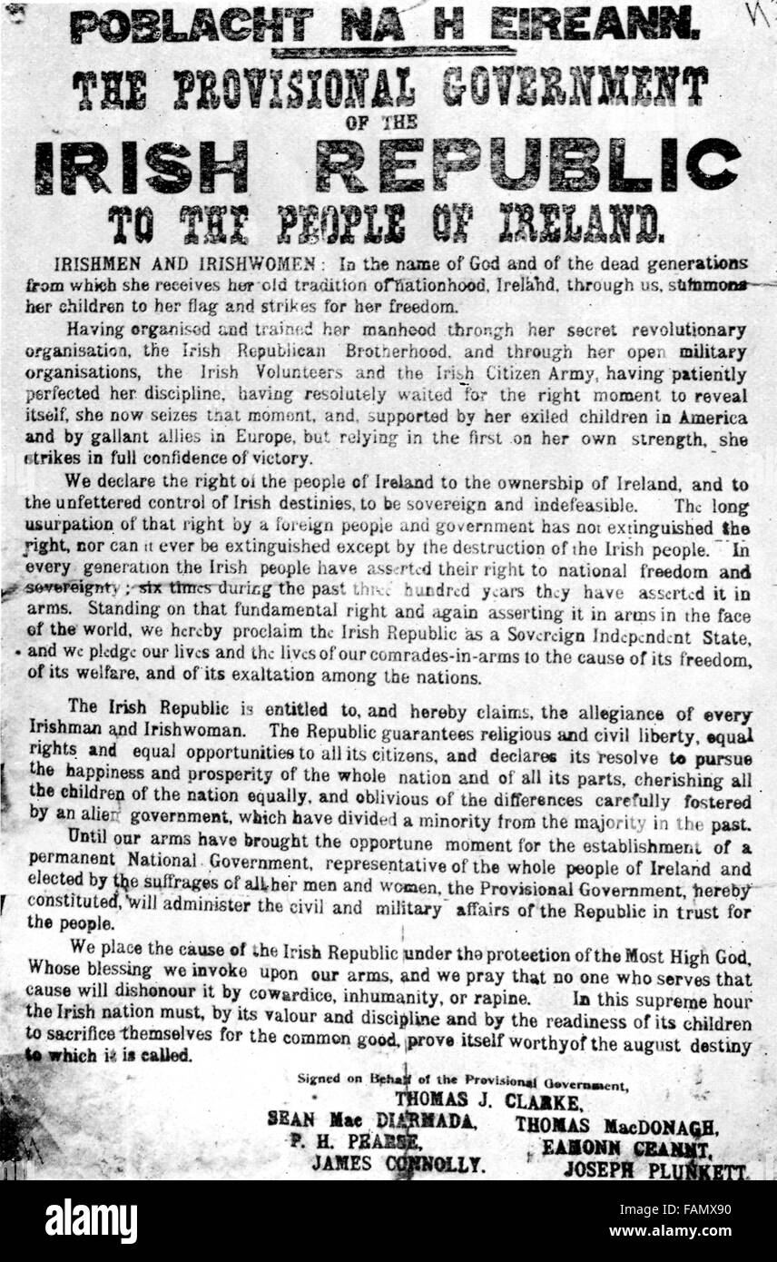 Ostern steigen, die Proklamation der provisorischen Regierung der Republik Irland auf Ostern Montag, 24. April 1916 das GPO in Dublin ausgestellt Stockfoto