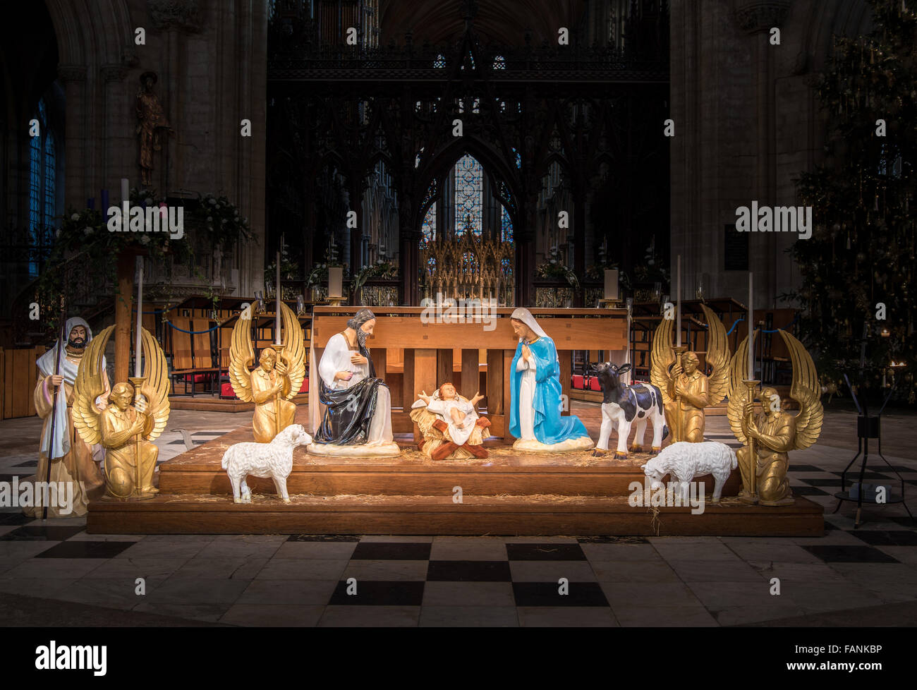 Weihnachtskrippe in Ely Cathedral, England, dessen Bau in 1081 während der Herrschaft von William begann ich. Stockfoto