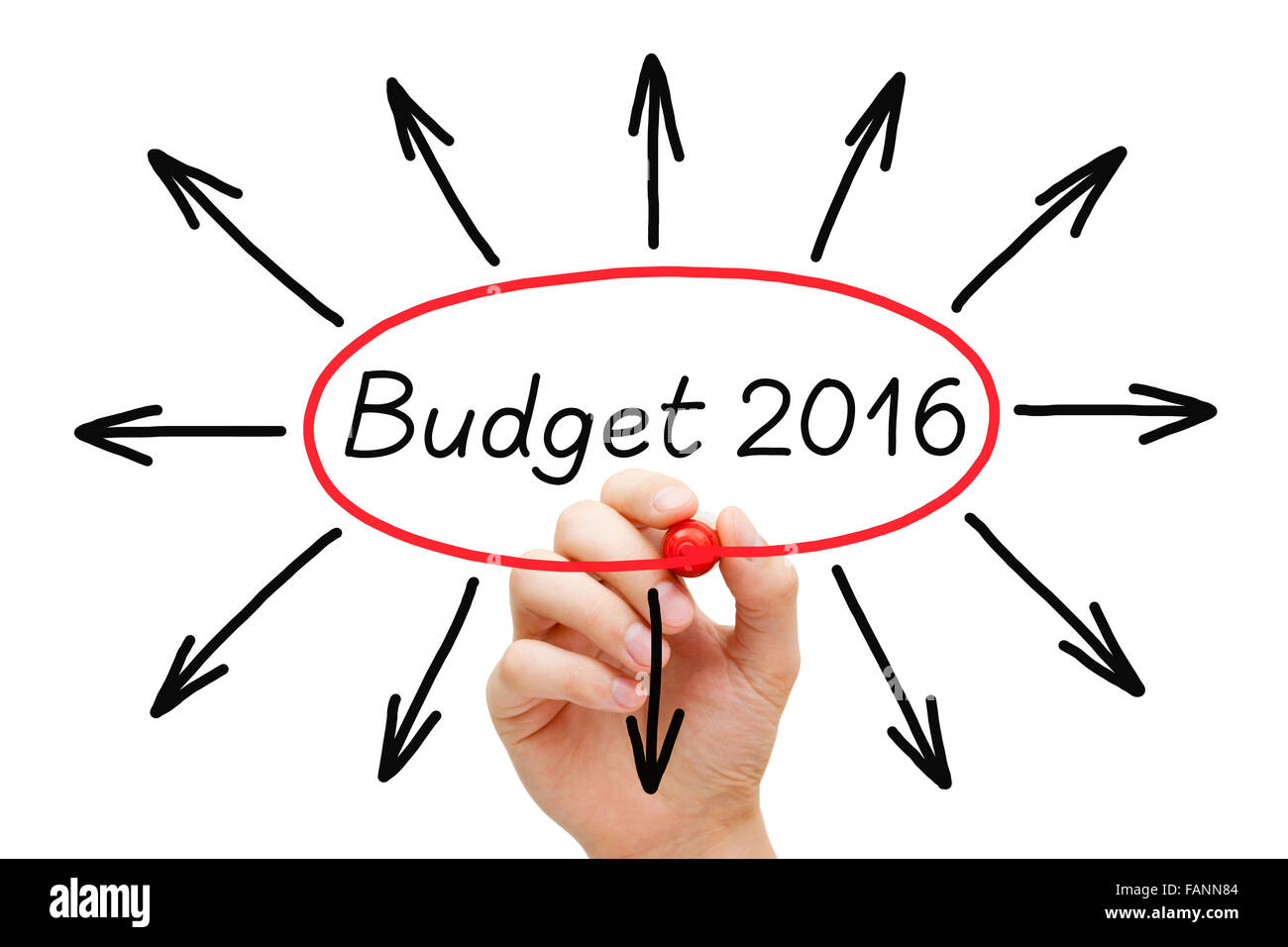 Hand skizzieren Budget Jahr 2016 Konzept mit Markierung auf transparente wischen Board. Stockfoto