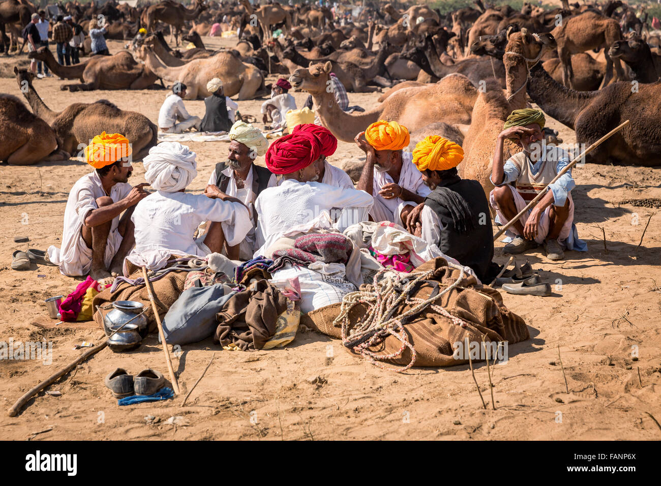 Kamel Händler ein Angebot während der jährlichen Pushkar Camel Fair, Rajasthan, Indien diskutieren Stockfoto
