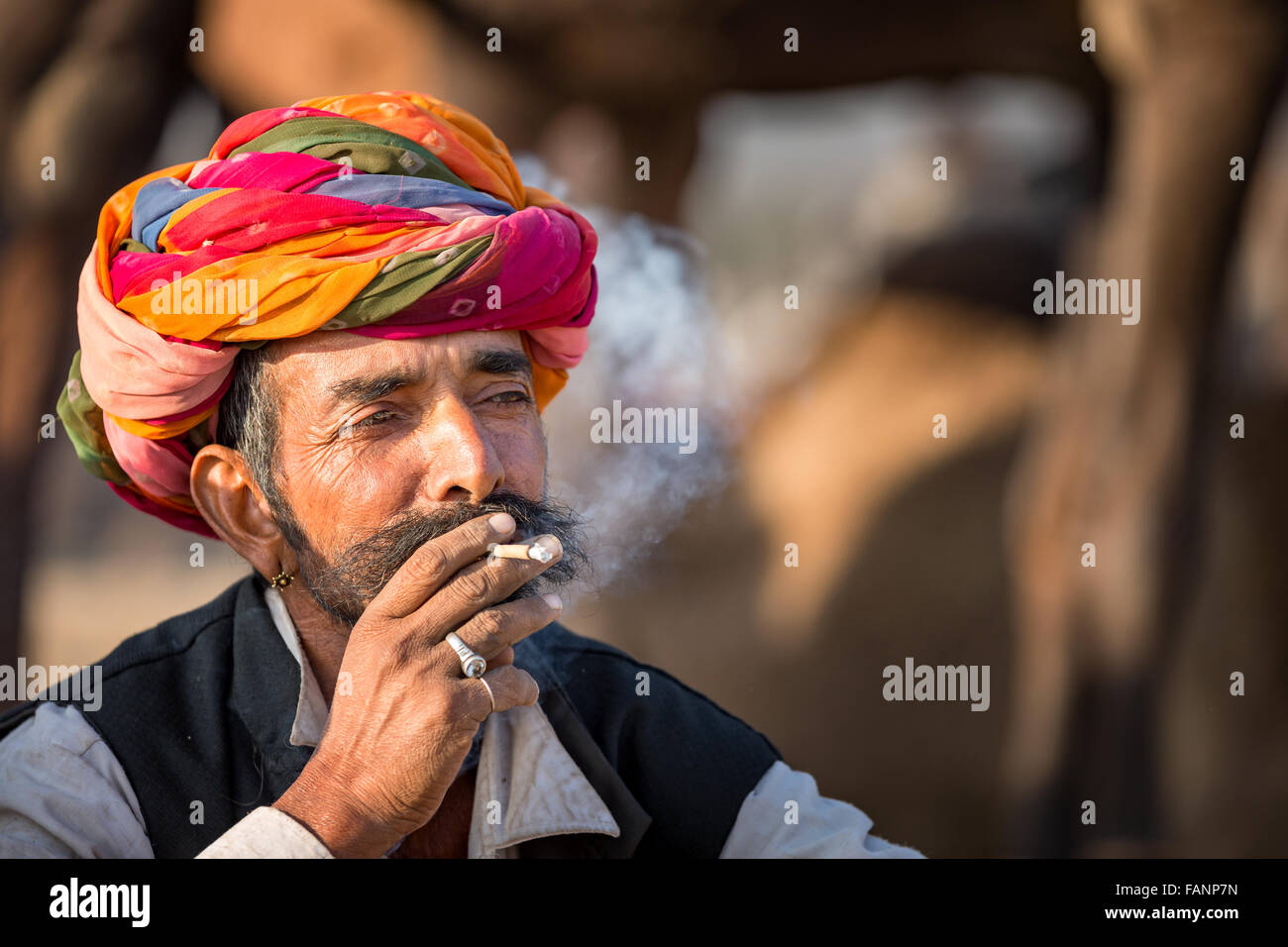Porträt von einem Rajasthani Rauchen, Pushkar, Rajasthan, Indien Stockfoto