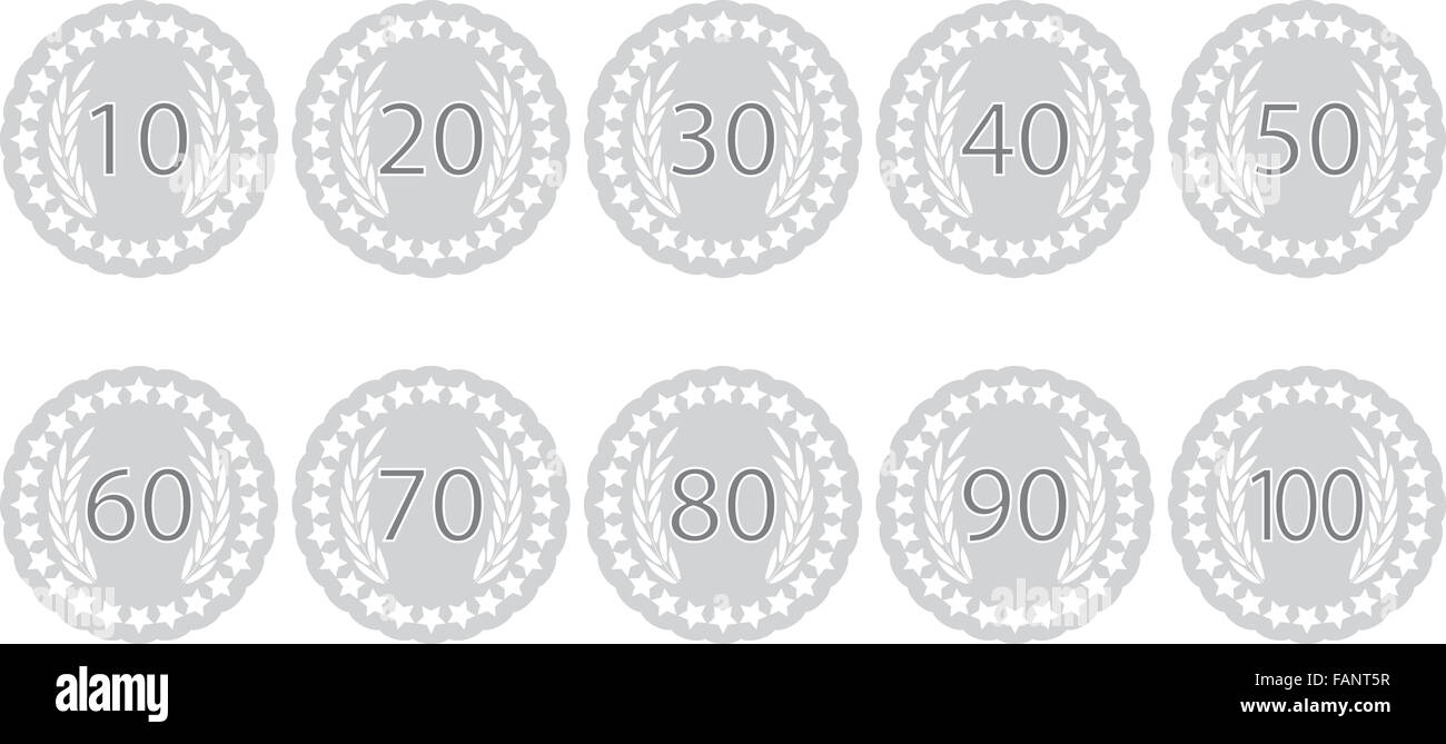 Emblem Abzeichen Jubiläen. Label-Emblem Fot Feier Geburtstag, 70 und 100 Jahr, Preis 60, 90 Stempel, 40 und 10, Insignia Stic Stockfoto