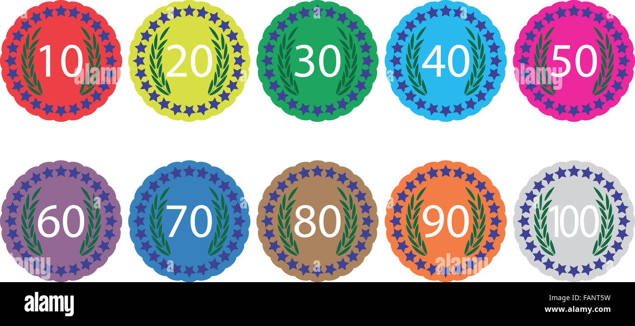 Emblem Abzeichen Jubiläen Farbe festgelegt. Geburtstag-Abzeichen für Jubiläum, Label oder Emblem Feier Zeichen 70, Banner vergeben 100 Jahr Stockfoto