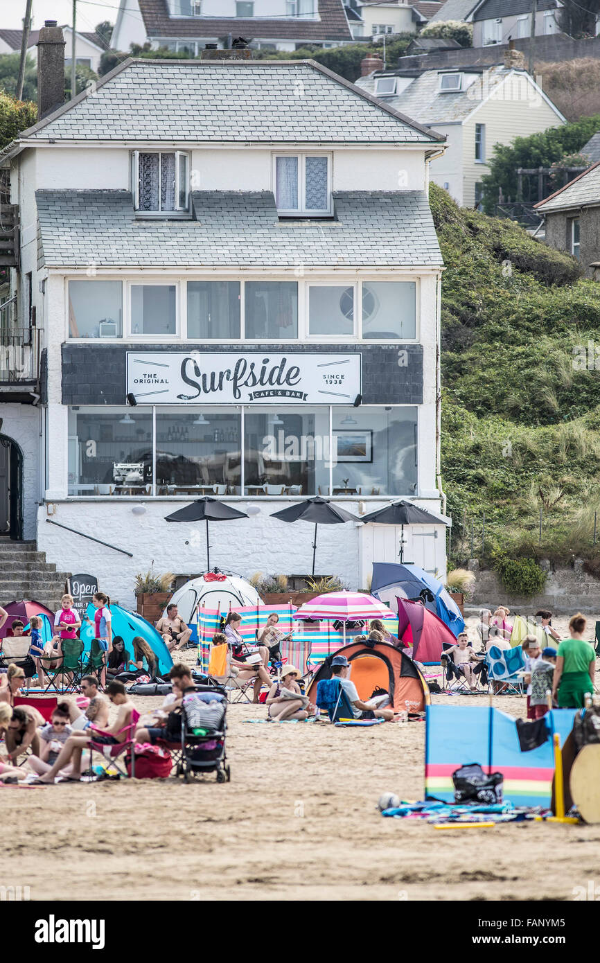 Cafe Polzeath Strand, Cornwall Stockfoto